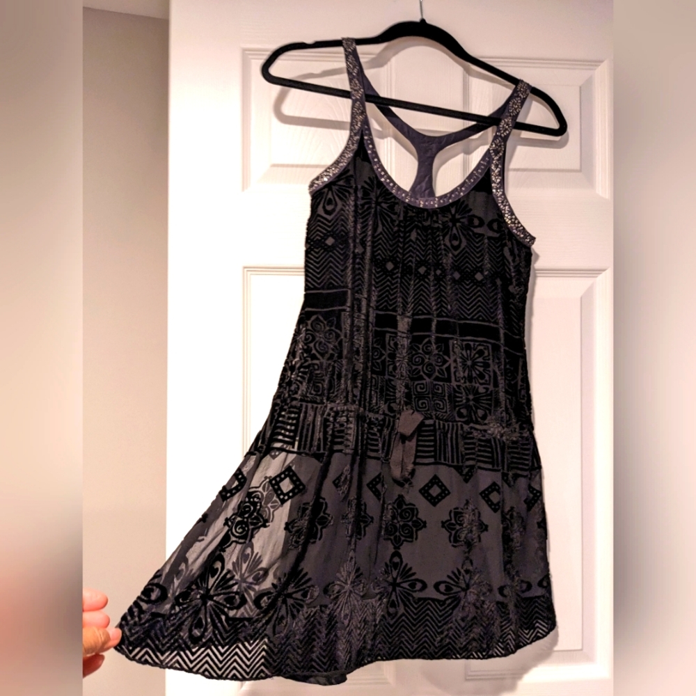 Free People Black Lace Mini Dress with Silver Beadwork-Small